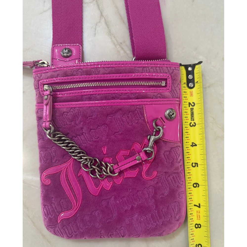 Juicy Couture Pink Velour Embossed Logo Crossbody Bag Y2K Patent Trim Chain #113 - Picture 14 of 15